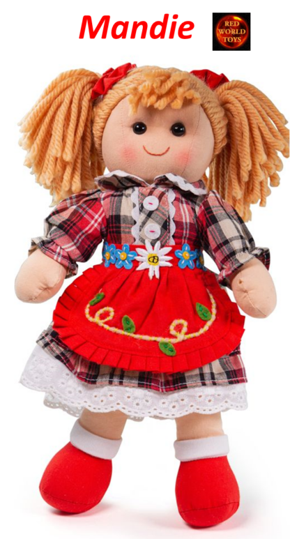 Ragdoll Mandie Soft Plush Toy Doll with Red Checked Dress and Apron 12 inch